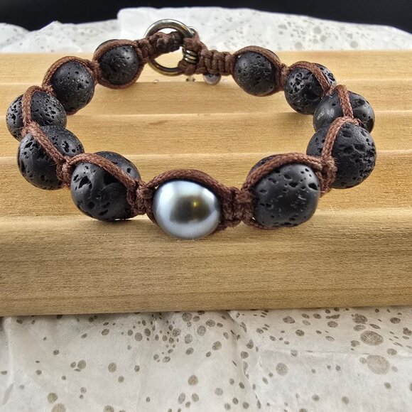 Oliver Smith BOHO 925 Sterling Silver Clasp Lava and Pearl Bead Bracelet - Picture 6 of 8